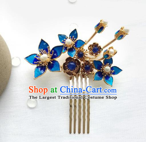 China Ancient Princess Pearls Hairpin Traditional Ming Dynasty Cloisonne Peach Blossom Hair Comb