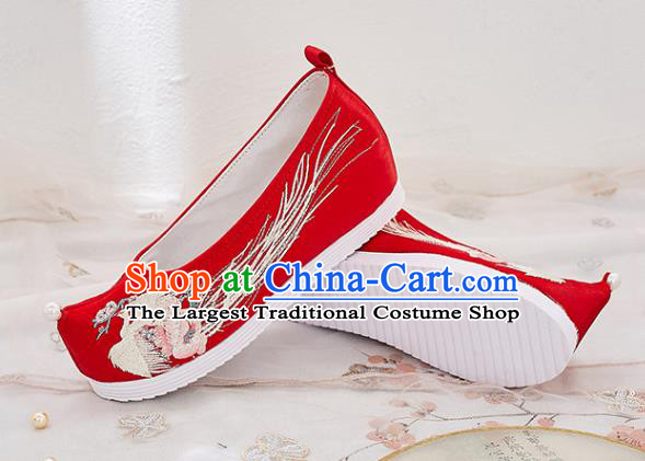 China National Embroidered Phoenix Shoes Traditional Red Cloth Shoes Handmade Ancient Princess Shoes