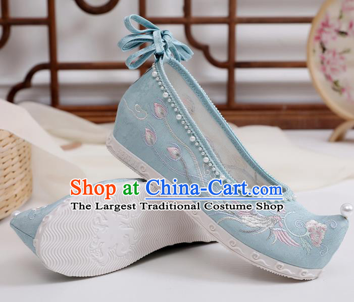 China Handmade National Light Blue Cloth Shoes Traditional Ming Dynasty Hanfu Shoes Embroidered Phoenix Pearls Shoes