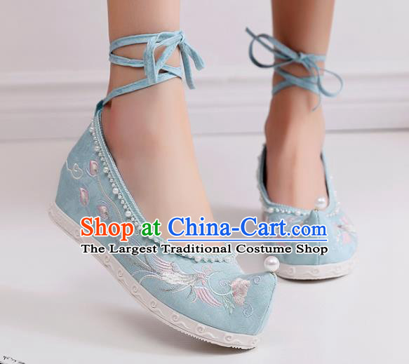 China Handmade National Light Blue Cloth Shoes Traditional Ming Dynasty Hanfu Shoes Embroidered Phoenix Pearls Shoes