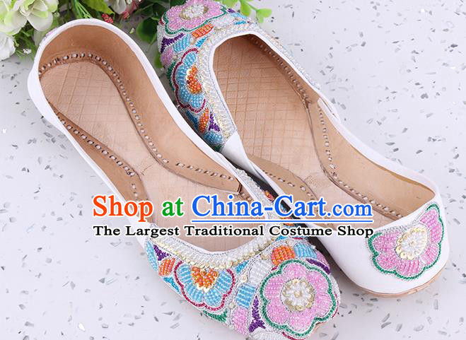 Indian Folk Dance Shoes Handmade Embroidery Beads Flowers Shoes Asian Traditional Wedding White Leather Shoes