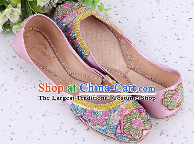 Indian Handmade Embroidery Beads Flowers Shoes Asian Traditional Wedding Pink Leather Shoes Folk Dance Shoes