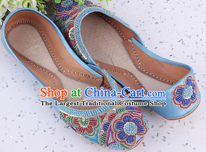 Indian Folk Dance Shoes Handmade Embroidery Beads Flowers Shoes Asian Traditional Court Blue Leather Shoes