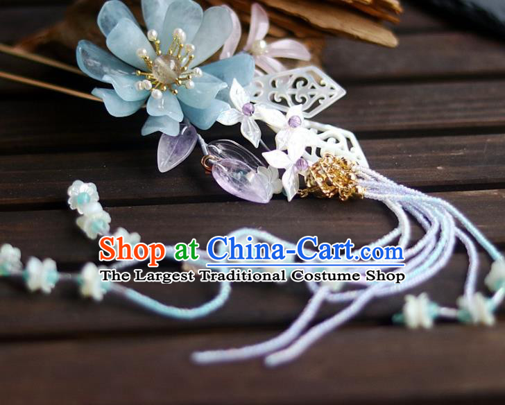 Chinese Ancient Noble Woman Aquamarine Lotus Hairpin Traditional Song Dynasty Court Beads Tassel Hair Stick