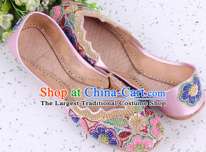 Indian Folk Dance Shoes Asian Handmade Embroidery Beads Pink Shoes Traditional Court Leather Shoes