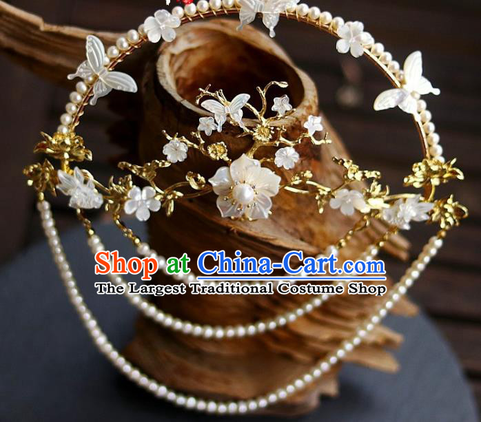 Chinese Ancient Empress White Shell Plum Hairpin Traditional Ming Dynasty Pearls Tassel Back Hair Crown