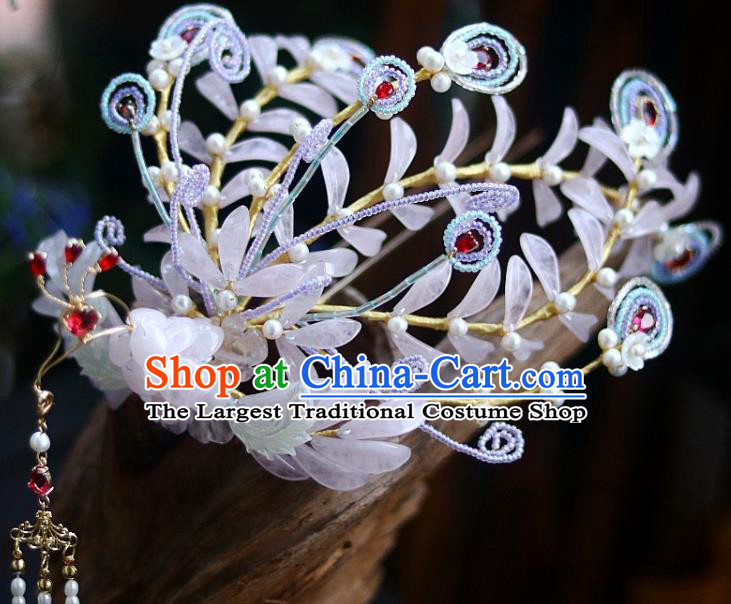 Chinese Ancient Empress Pearls Tassel Hairpin Traditional Ming Dynasty Pink Quartz Phoenix Hair Crown