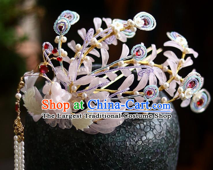 Chinese Ancient Empress Pearls Tassel Hairpin Traditional Ming Dynasty Pink Quartz Phoenix Hair Crown