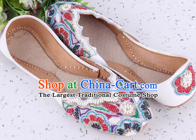 Indian Handmade Embroidery Beads White Shoes Traditional Court Leather Shoes Asian Folk Dance Shoes