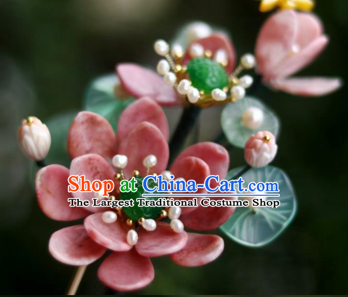 Chinese Ancient Princess Red Lotus Hairpin Traditional Song Dynasty Jade Pearls Hair Stick