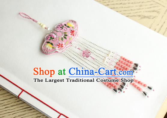 Chinese National Beads Tassel Pendant Classical Qipao Dress Embroidered Pink Sachet Brooch