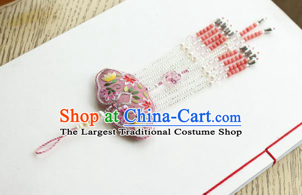 Chinese National Beads Tassel Pendant Classical Qipao Dress Embroidered Pink Sachet Brooch