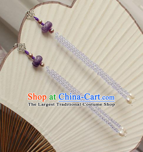 China Classical Cheongsam Pearls Tassel Ear Jewelry Handmade National Amethyst Earrings