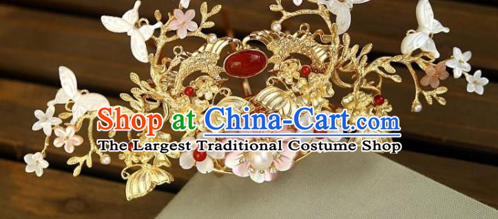 Chinese Ancient Queen Shell Butterfly Hairpin Traditional Song Dynasty Empress Golden Hair Crown