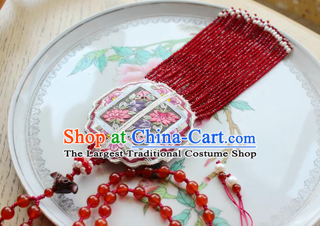 China Handmade Embroidered Lotus Sachet Necklet Accessories Traditional Cheongsam Red Beads Tassel Necklace
