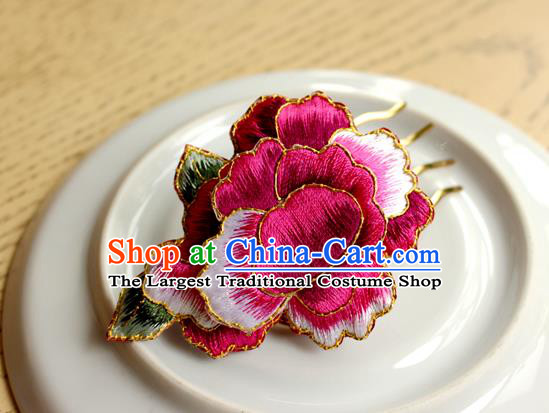China Classical Cheongsam Hair Accessories Handmade National Embroidered Rosy Peony Hair Comb