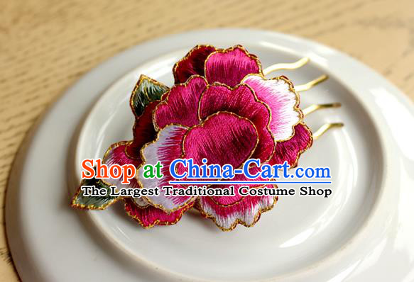 China Classical Cheongsam Hair Accessories Handmade National Embroidered Rosy Peony Hair Comb
