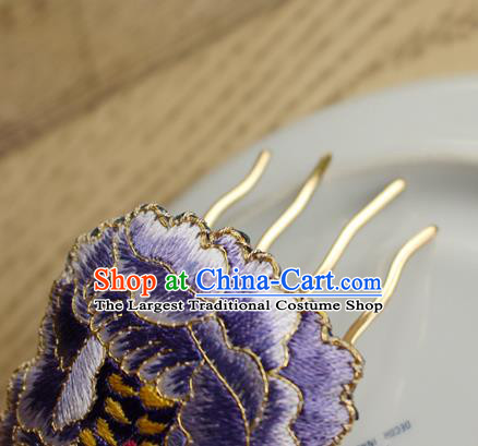 China Handmade National Embroidered Purple Peony Hair Comb Classical Cheongsam Hair Accessories