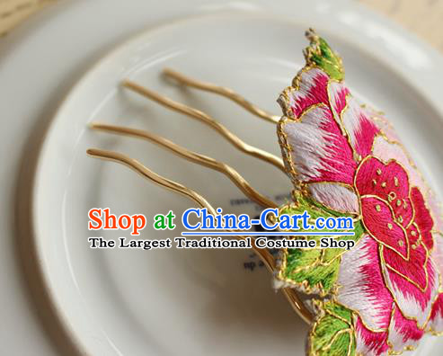 China Classical Cheongsam Hair Accessories National Handmade Embroidered Pink Peony Hair Comb