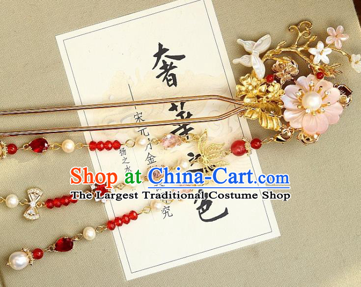 Chinese Ancient Queen Tassel Hairpin Traditional Ming Dynasty Empress Pink Peach Blossom Hair Stick