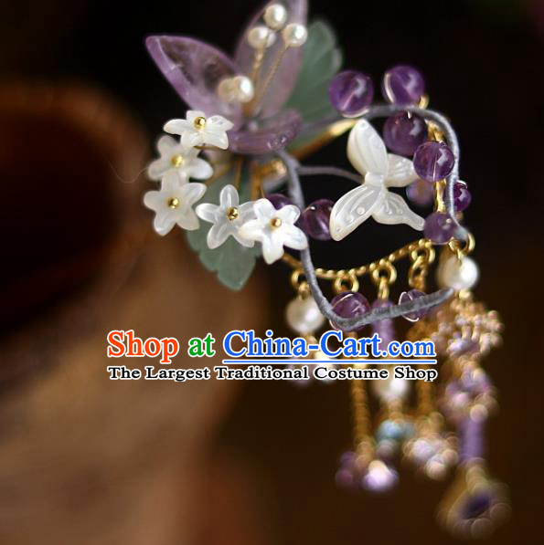 Chinese Ancient Princess Amethyst Flowers Tassel Hairpin Traditional Song Dynasty Court Shell Fragrans Hair Stick