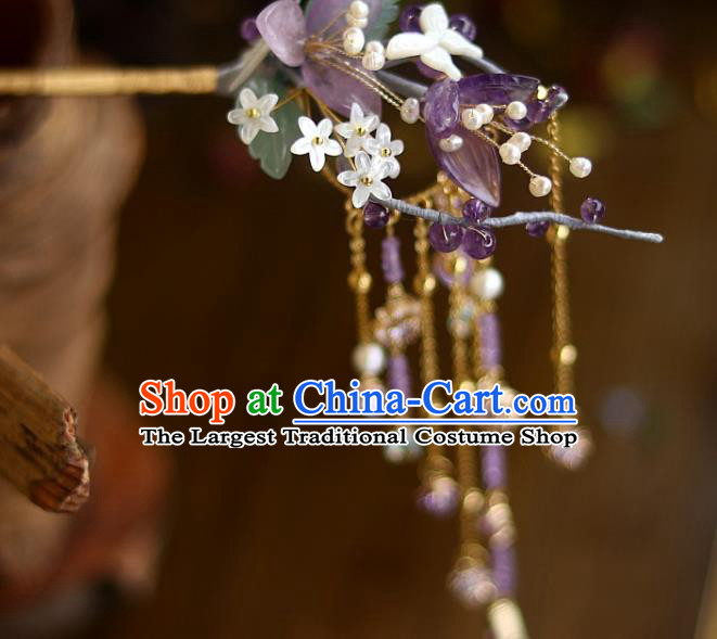 Chinese Ancient Princess Amethyst Flowers Tassel Hairpin Traditional Song Dynasty Court Shell Fragrans Hair Stick