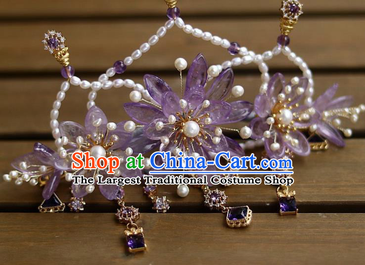 Chinese Ancient Empress Pearls Hairpin Traditional Song Dynasty Court Amethyst Chrysanthemum Hair Crown