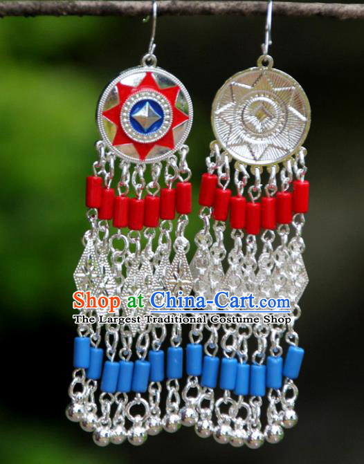 Chinese Yannan Ethnic Woman Earrings Handmade Cheongsam Ear Jewelry National Silver Bells Tassel Ear Accessories