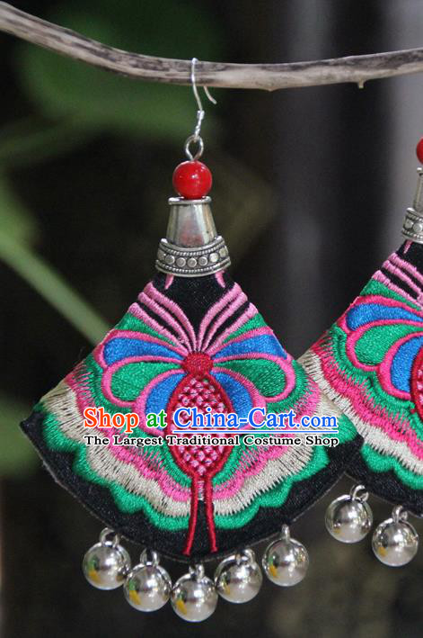 Chinese National Silver Bells Ear Accessories Yannan Ethnic Woman Earrings Handmade Embroidered Butterfly Ear Jewelry