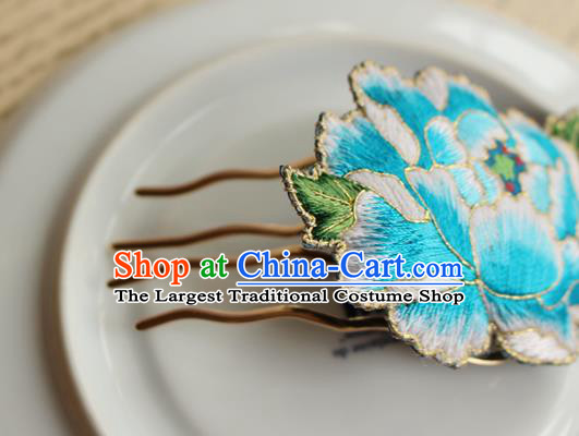 China Handmade National Embroidered Blue Peony Hair Comb Classical Cheongsam Hairpin