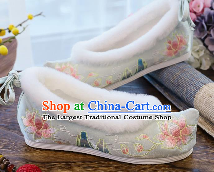 China Handmade Ming Dynasty Bow Shoes National Winter Embroidered Lotus Shoes Traditional Light Blue Shoes
