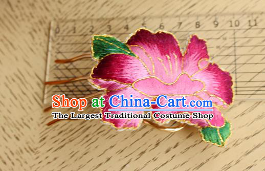 China Handmade Classical Cheongsam Hairpin National Embroidered Rosy Peony Hair Comb