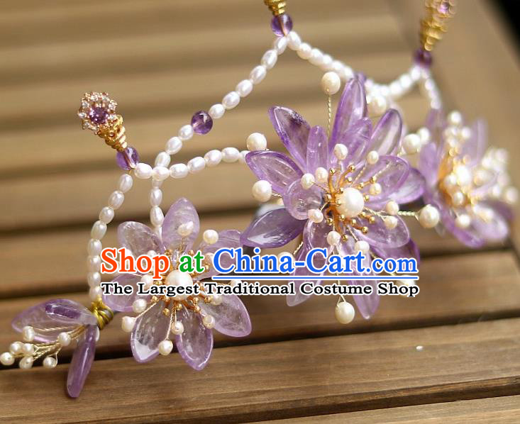 Chinese Ancient Empress Amethyst Chrysanthemum Hairpin Traditional Song Dynasty Court Pearls Hair Crown