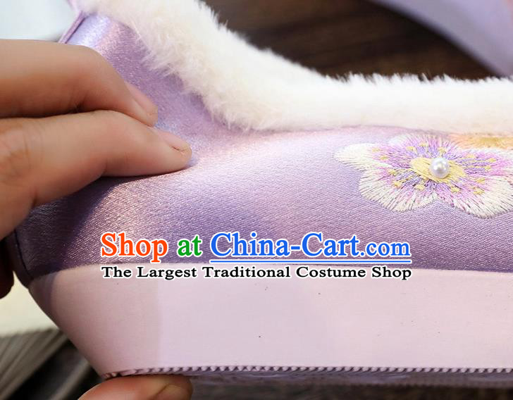 China Traditional Pearls Shoes Handmade Ming Dynasty Winter Lilac Shoes National Embroidered Plum Blossom Shoes