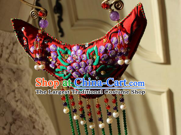 China Handmade Embroidered Red Sachet Necklet Accessories Traditional Cheongsam Tassel Brass Necklace