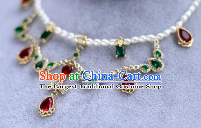 China Traditional Ming Dynasty Palace Lady Zircon Necklace Handmade Ancient Princess Pearls Necklet Accessories