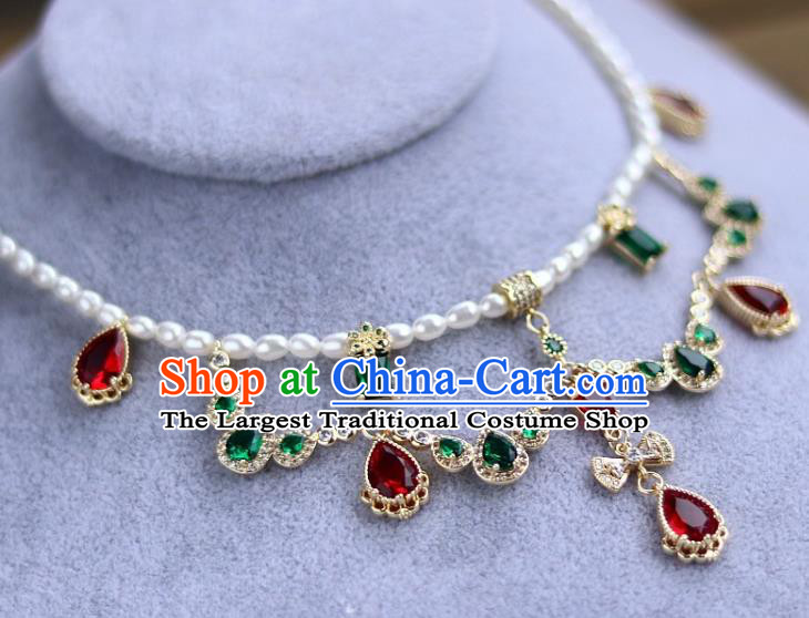 China Traditional Ming Dynasty Palace Lady Zircon Necklace Handmade Ancient Princess Pearls Necklet Accessories