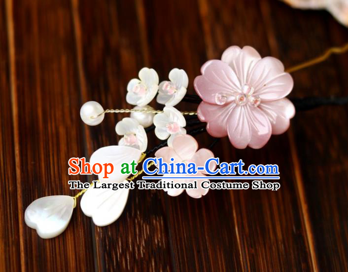 Chinese Ancient Princess Hairpin Traditional Song Dynasty Court Pink Shell Flower Hair Stick