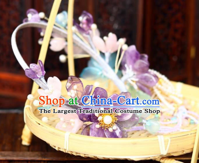 Chinese Ancient Princess Beads Tassel Hair Clasp Traditional Song Dynasty Court Amethyst Lotus Hair Crown