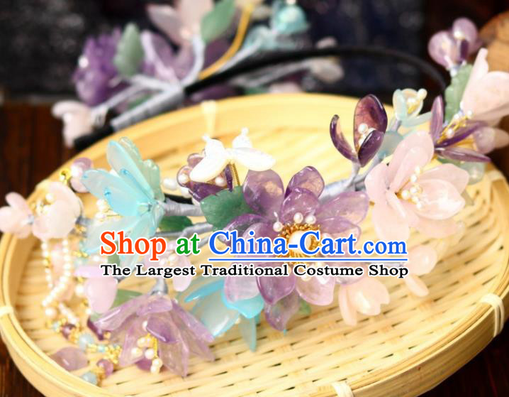 Chinese Ancient Princess Beads Tassel Hair Clasp Traditional Song Dynasty Court Amethyst Lotus Hair Crown