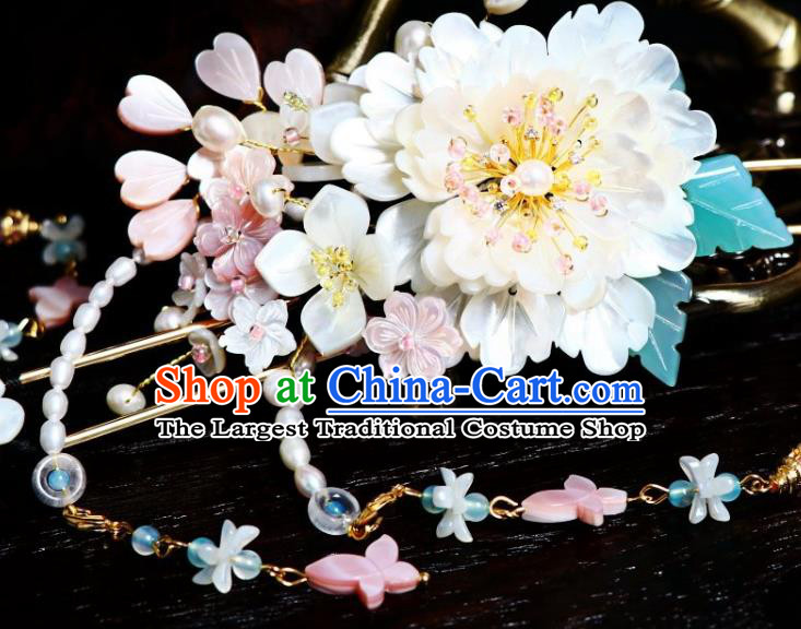 Chinese Ancient Imperial Concubine Tassel Hairpin Traditional Song Dynasty Court White Shell Butterfly Hair Stick