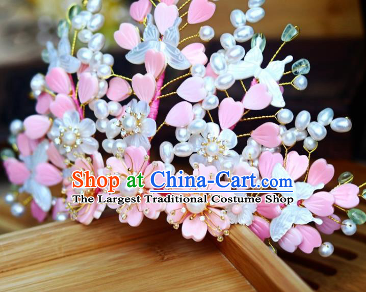 Chinese Ancient Court Woman Pearls Hairpin Traditional Song Dynasty Imperial Concubine Shell Flowers Butterfly Hair Crown