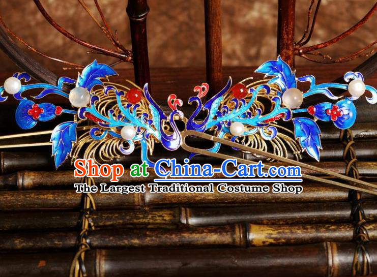 Chinese Ancient Queen Hairpin Traditional Ming Dynasty Blueing Phoenix Hair Stick
