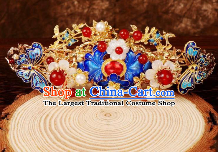 Chinese Ancient Court Queen Shell Plum Hairpin Traditional Ming Dynasty Blueing Peony Hair Crown