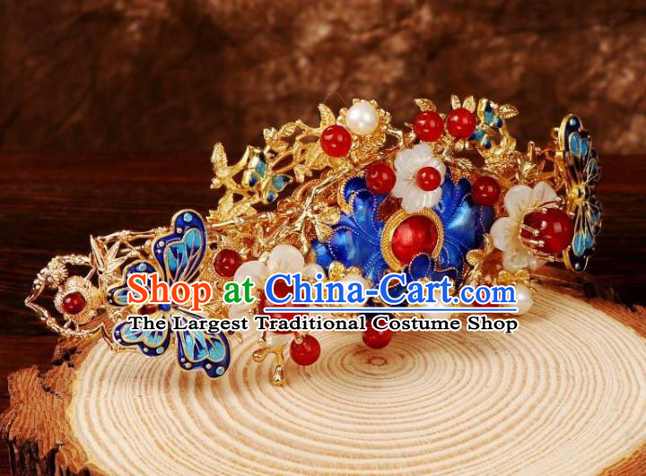 Chinese Ancient Court Queen Shell Plum Hairpin Traditional Ming Dynasty Blueing Peony Hair Crown