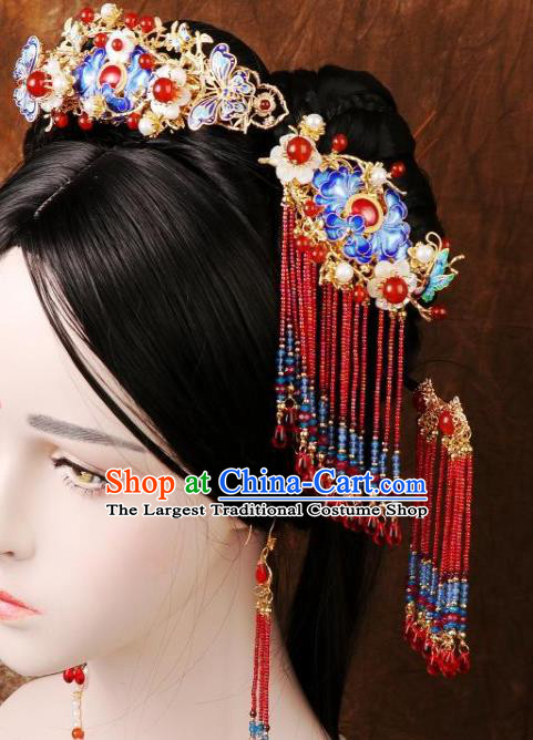 Chinese Ancient Imperial Consort Blueing Peony Hairpin Traditional Ming Dynasty Empress Red Beads Tassel Hair Stick