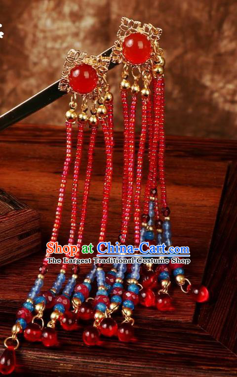 Chinese Ancient Princess Red Beads Tassel Hairpin Traditional Ming Dynasty Wedding Hair Stick