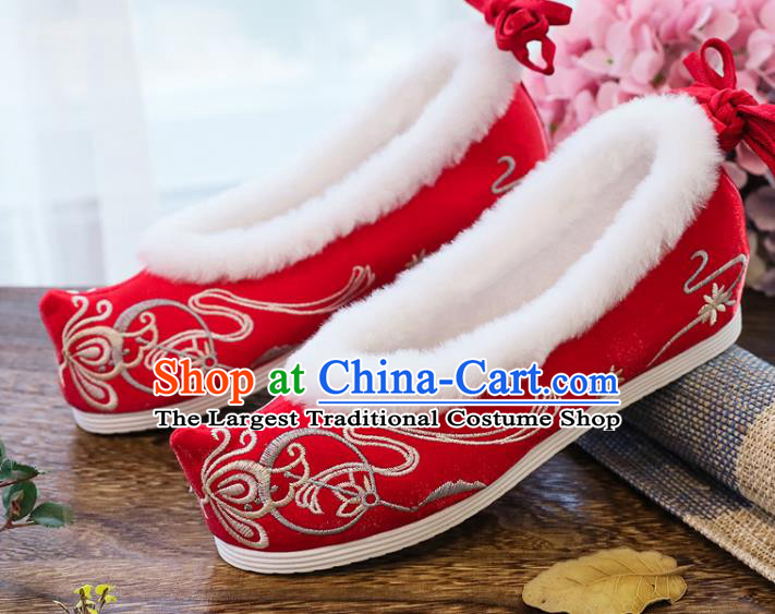 China Ancient Ming Dynasty Princess Wedding Bow Shoes National Winter Red Embroidered Shoes Traditional Hanfu Cloth Shoes