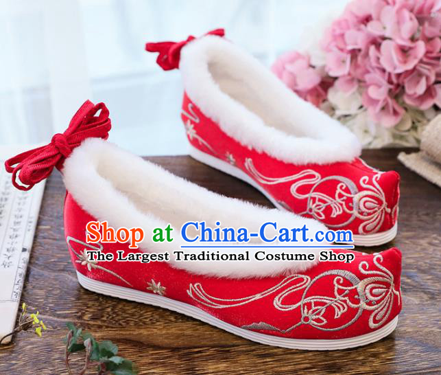 China Ancient Ming Dynasty Princess Wedding Bow Shoes National Winter Red Embroidered Shoes Traditional Hanfu Cloth Shoes