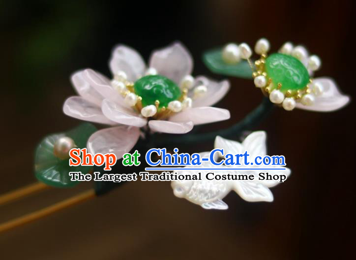 Chinese Ancient Princess Shell Goldfish Hairpin Traditional Song Dynasty Rose Quartz Lotus Hair Stick